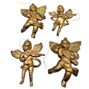 Angel Cherub Christmas Ornaments Set 4 Gold Vtg Victorian Old Fashioned Molded